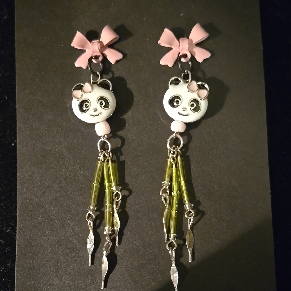 Fun Pink Panda/Bamboo Earrings